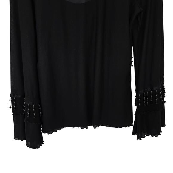 Marianne Black Sheer Beaded Fringe Top S Vintage 90s Boho Bell Sleeves - Picture 7 of 10